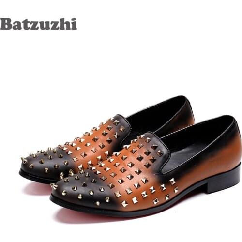Batzuzhi Handmade Men Leather Shoes Casual Round Toe Rivets Loafers Flats Handmade Party Shoes Men, Big Sizes US6-12, EU38-46