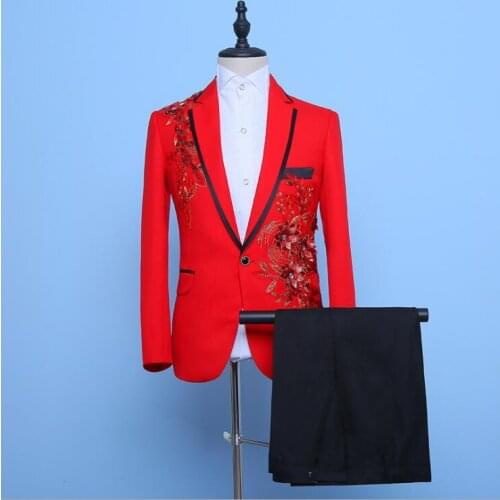 Sequin applique Blazer men red suit set with pants mens wedding suits costume singer stage clothing formal dress