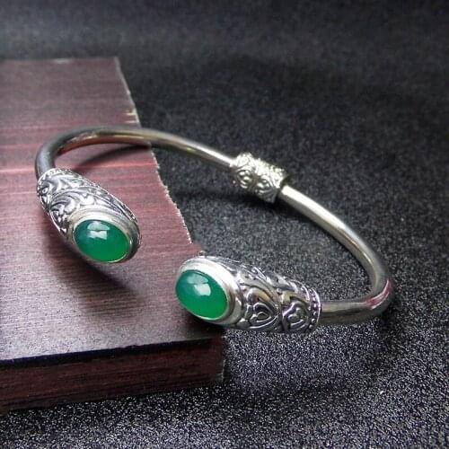 S925 Sterling Silver Retro Thai Silver Natural Green Agate Bangle Open Ended Vintage National Style Silver Bangle