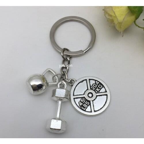 WEIGHTLIFTING Key chain ,Dumbbell Charm, Kettlebell 45lbs Weight Plate ,Bodybuilding Fitness 3 Charm Keychain