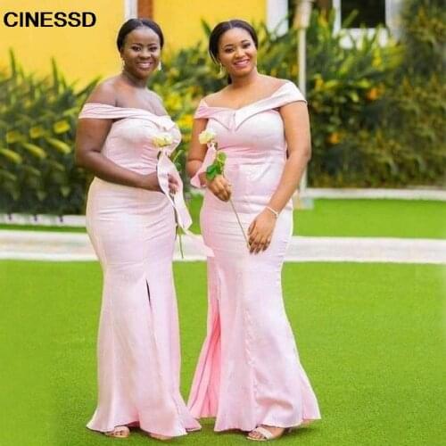 Baby Pink Long Bridesmaid Dresses 2021 Off Shoulder Slit Mermaid robe de soirée de mariage African Prom Party Dress Formal Gown