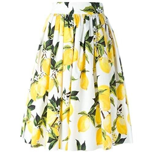 Womens Lemon Floral Printed High Elastic waist Vintage skirts A-line Midi Skater Flared Pleated Skirt