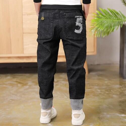 2019 Big Boys Jeans Cotton Fashion Teen-age High Quality boy pants Elastic Trousers Full Length Appliques Size 100-160