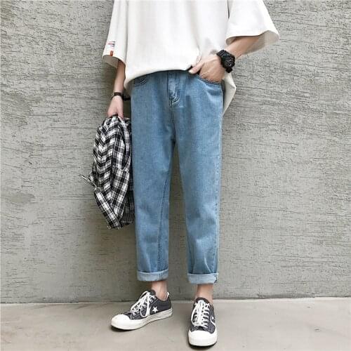 Summer Mens Nine Point Jeans Thin Korean Fashion Brand Loose Straight Wide Leg Elasticity Ripped Pants Trousers