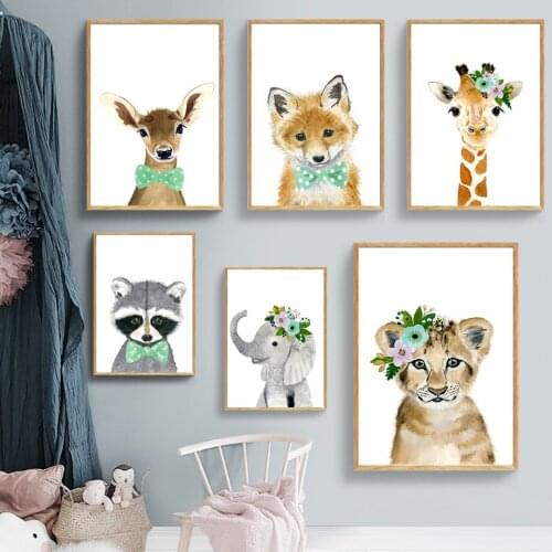 Fox Deer Elephant Giraffe Raccoon Nursery Wall Art Canvas Painting Nordic Posters And Prints Wall Pictures Baby Kids Room Decor