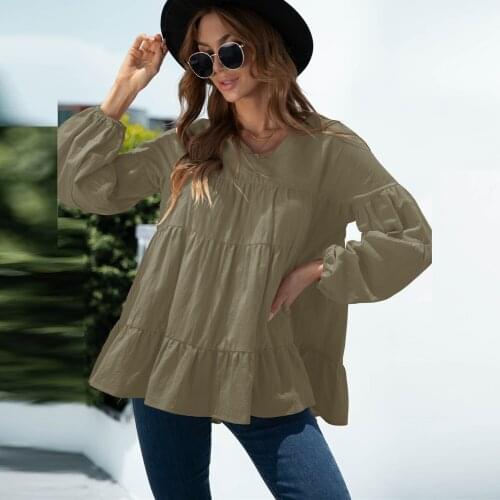 Autumn Women V-Neck Lantern Sleeve Basic Pleated T-shirts Casual Loose High Waist Pullover Ruffles A Line Tshirt Lady Black Tops