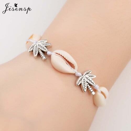 Jisensp Summer Beach Style Metal Coconut Rope Bracelet Fashion Jewelry for Women Adjustable Natural Shells Charm Bracelets