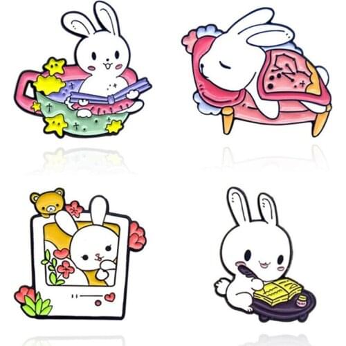 Cute White Rabbit Enamel Badges Cartoons Anime Lapel Pins Fashion Women Metal Brooches For Backpack Art Decorative Hijab Pins