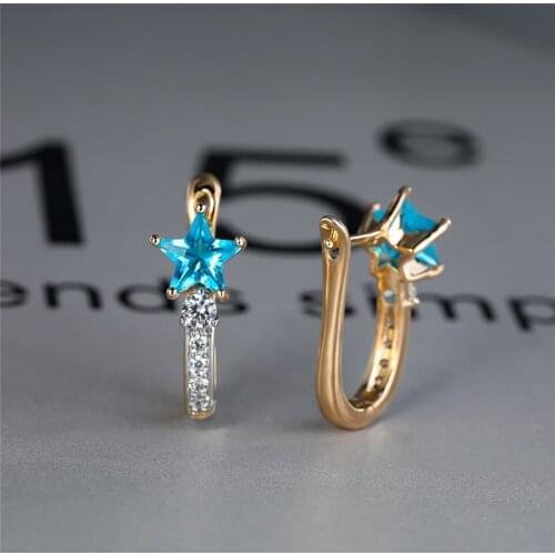 Minimalist Rose Gold Color Small Earrings Cute Star Aqua Blue Zircon Hoop Earrings Boho Crystal Stone Wedding Earrings For Women