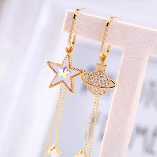 Fashion Jewelry Shell Moon Star Satellite Ear Drop Brass Asymmetric Fish Tail Tassel Pendant Drop Earrings For Women 2020 New