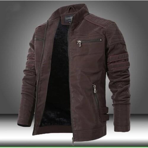 2021 New Winter Leather Jacket Men Stand Collar Motorcycle Washed Retro Velour Leather Jacket Coat Male Casual PU Leather Coats
