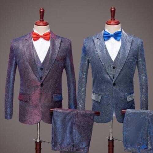 Blue purple grey Blazer men Sequin suit set with pants mens wedding suits singer star style stage traje hombre formal dress