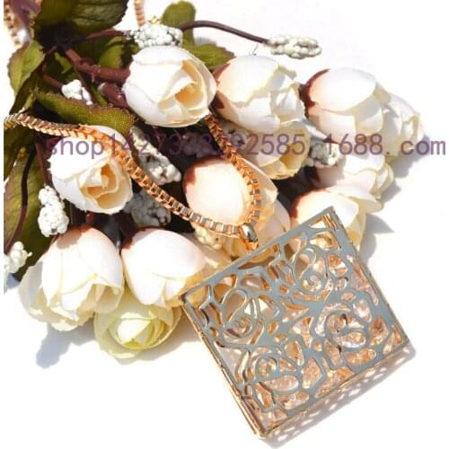 2016 New Style Fashion Jewelry Pure Gold Color Hallow Rose Square Pendant With Crystal Women Sweater Chain Lady Necklace