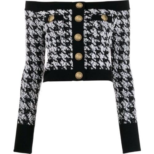 New HIGH QUALITY Fashion 2021 Designer Jacket WOmens Lion Buttons Zip Back Slash Neck Tweed Houndstooth Jacket Top