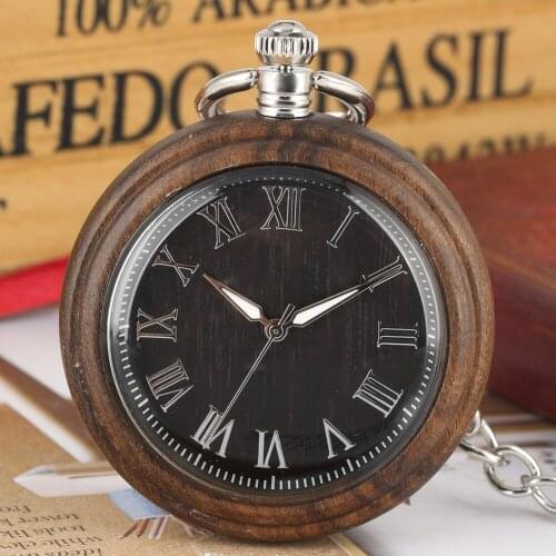 Attractive Dark Brown Wooden Pocket Watch Casual Quartz Analog Pendant Watch Large Dial with Clean Roman Numerals for Men Women