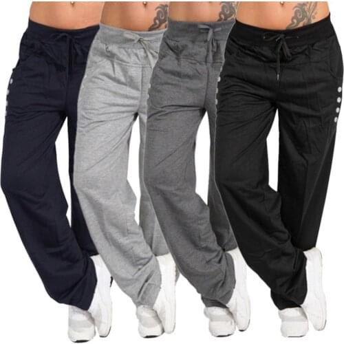 Dropshipping Women Solid Color Polyester Loose Fitness Sport Yoga Pants Leisure Trousers