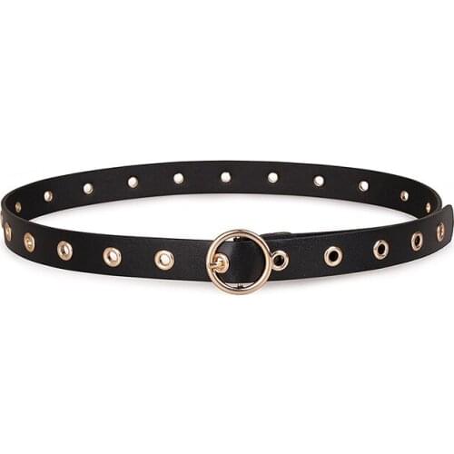 Rivet PU leather strap Belt for women Fashion Rivet long belt black Hollow gold color pin circle buckle waistband BL639