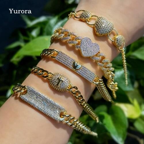 Luxury Steampunk Gold Copper Bracelet Love Heart Zirconia Stone Women Hip Hop Fashion Cuban Link Chain adjustable Bangle Jewelry