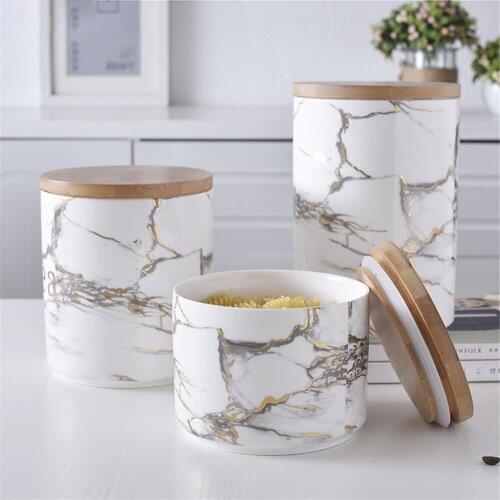 Chic Marble Pattern Storage Bottle Jar with Wood Cover Superior Minimalist Elegant Luxury Salt Sugar Storage Jar Home Organizer
