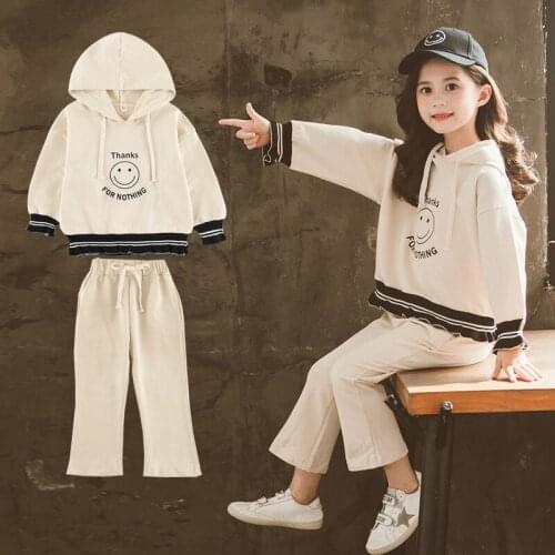 Girls spring and autumn new sports suit Girl hooded sweater pants two-piece Girl Solid Color Letter Pattern Casual Set