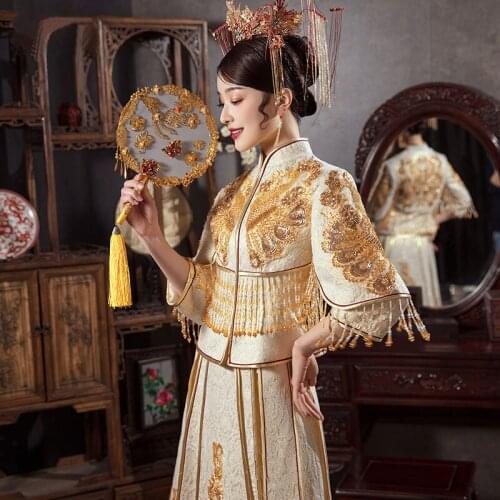 Plus Size Sets Chinese Wedding Dress WhiteChina Traditional Sequins Qipao High-End Slim Long Cheongsam Suit Oriental Bride Hanfu