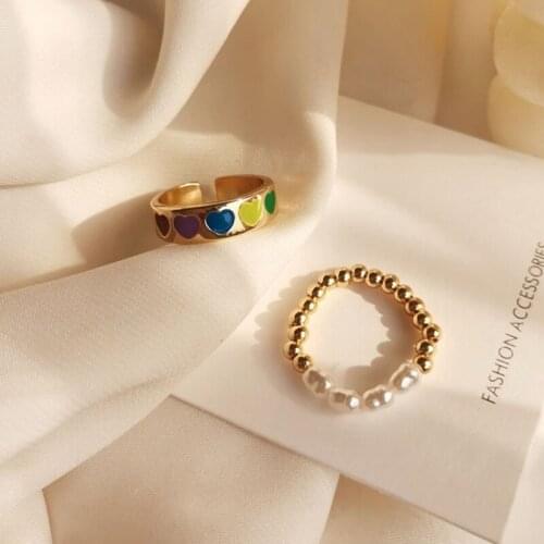 Vintage Gothic Colorful Enamel Pearl Heart Ring Cute Simple Metal Gold Color Rings for Women Punk Rock Jewelry
