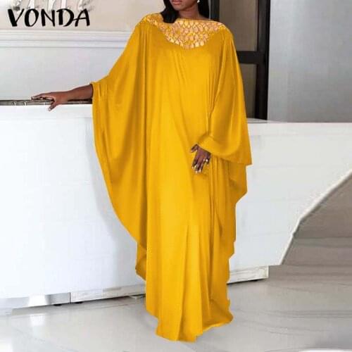 VONDA Women Long Sleeve Lace Patchwork Dress Ladies Spring Casual Loose Holiday Kaftan Robe Bohemian Vestidos Sundress