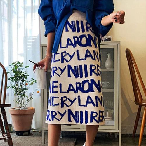 2021new Korean Harajuku style skirt womens A-line skirt letter knitted straight skirt high waist bag hip skirt fashion clothing