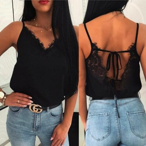 2020 Summer Casual Women Lace Tank Tops Lace Deep-V Neck Bandage Femme Tops Backless Ruffle Ladies Sleeveless Tank Tops Mujer