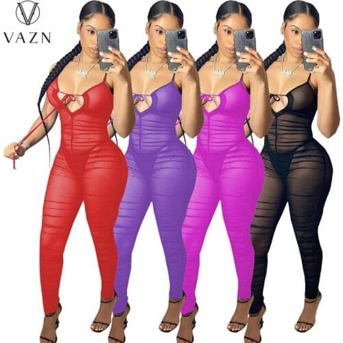 VAZN 2021 Top Quality See Through Lace Sexy Club Spaghetti Strap Sleeveless Young High Waist Women Long Pencil Jumpsuits