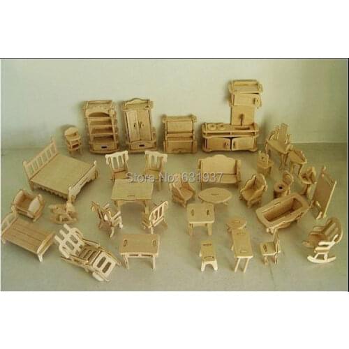 34 pcs /Set DIY 1:12 Doll House Mini Miniature Furniture Educational Dollhouse Furniture Toy 3d Wood Puzzle Building Model Toy