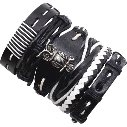 5-6pcs/set New Femme Homme Female Vintage Braid Weave Cuff Wrap Genuine Leather Men Cross Owl Charm Bracelets Women Men Jewelry