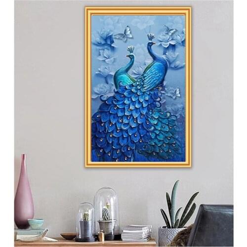 Round Full Drill 5D Diy Diamond Painting Animal Peacock Diamond Embroidery Mosaic Cross Stitch Kits Home Decor Gift Craft Blue