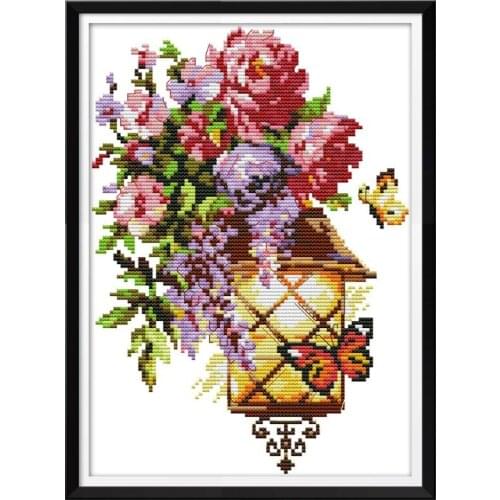 Flower Butterfly Light DIY Handmade Needlework Counted 14CT Printed Cross Stitch Embroidery Kit Set Home Decoration