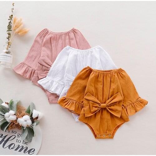 New Spring Fashion Baby Romper Infant Baby Girls Bowknot Solid Flare Sleeve Clothes Outfits Roupas Cotton Kids Clothing 3M-18M
