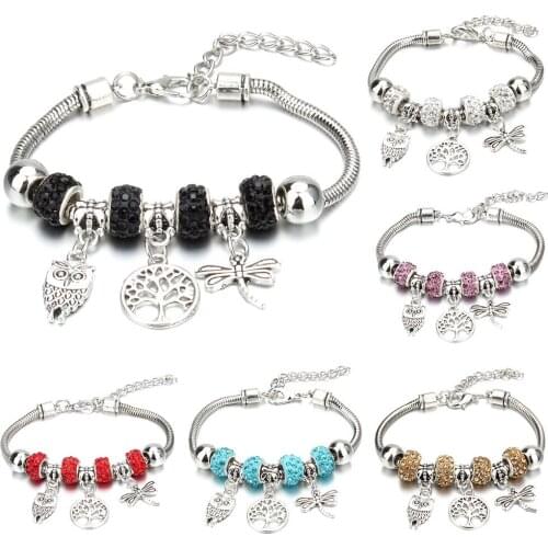 Dropshipping Dragonfly Owl Shape Crystal Charm Bracelets Beads Bracelet Women DIY Beads Brand Bracelets & Bangles Jewelry Gift