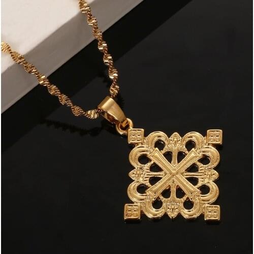 Ethiopian Gold Color Cross Pendant Necklaces for Women Men Fashion Cross Chain Jewelry