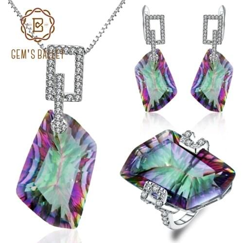 GEMS BALLET Natural Irregular Rainbow Mystic Quartz Jewelry Sets 925 Sterling Silver Necklace Earrings Ring Set
