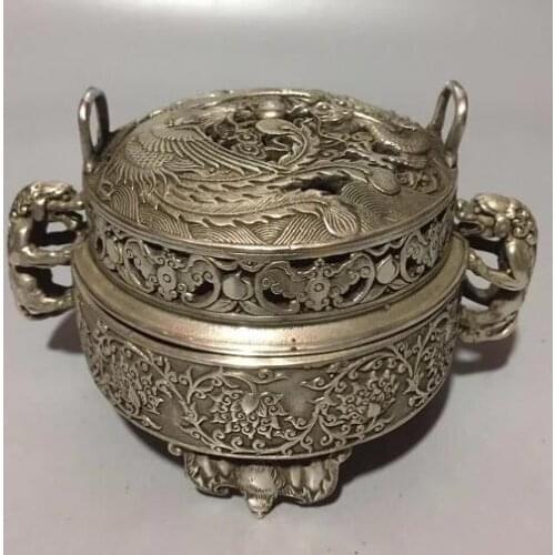 Chinese White Bronze Sculpture Bat Dragon And Phoenix Five Blessing Incense Burner Censer Home Decoration Fengshui Decoration