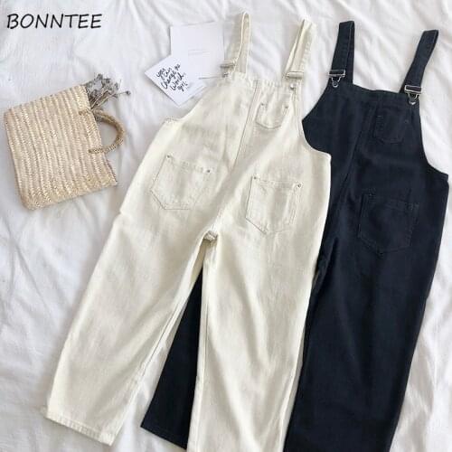 Jumpsuits Women 2020 Denim Simple Retro Cotton Loose Womens Pockets Ankle-length Pants Solid Leisure Korean Bodysuits Lovely