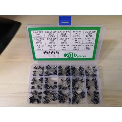 1box 15Value-200pcs Aluminum electrolytic capacitor kit 10V/16V/25V/50V 220uf 100uf 47uf 33 22 10 4.7 3.3 2.2 1 0.47 0.22 0.1 uf