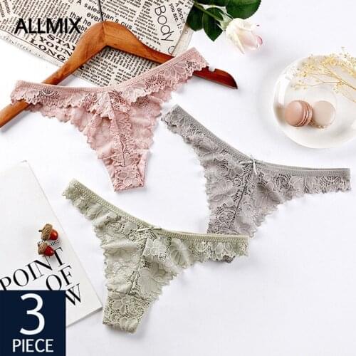 ALLMIX 3Pcs/lot Sexy Womens Lace Panties Set Underwear Seamless Thongs Hollow Out G-String With Bow Female Briefs Soft Lingerie