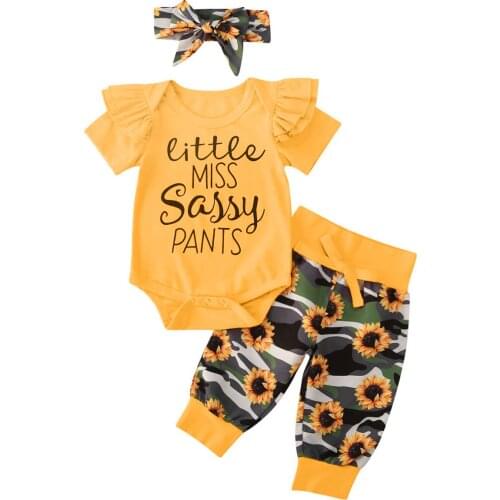 Newborn Baby Girl Summer Sunflower Outfits Ruffles Sleeve Romper+Floral Pants+Headband Clothes Set