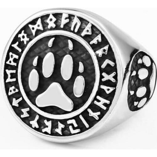 Fashion Ring Jewelry 316L Stainless Steel Viking Runes Letter Ring With Bear Palm Print
