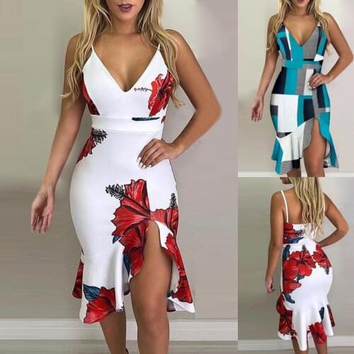 40# Fashion Women Dress Summer Sexy Casual Sleeveless Printed Casual Beach Party Dress Ruffle High Quality Dress Ropa Mujer