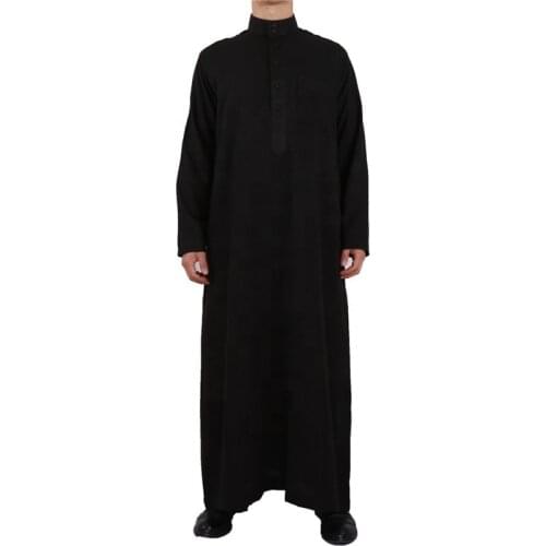 Men Qatar Muslim Moroccan Islamic Style Black Cotton Linen Long-Sleeved Stand-Up Collar Plus Size Arabian Robe Men Worship Robe