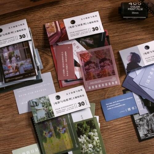 Film and Word Series Stickers PET Ins Style Literary Line Text Collage Creative Retro Hand Account Material Paper 30 Sheets/pack