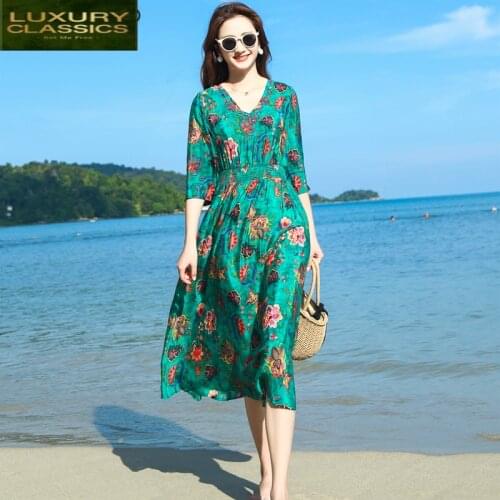 Women Dress Long Summer Silk Elegant Party Dress Beach Slim Dresses Vintage Dresses Print Floral Vestidos Verano LWL1536