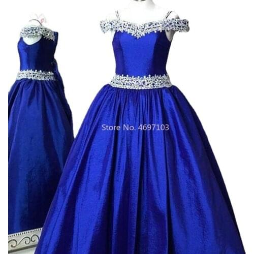 Blue Flower Girl Dresses for Wedding A Line Off Shoulder Crystal Beaded Satin Kids Pageant Clothes For Wedding Formal Party