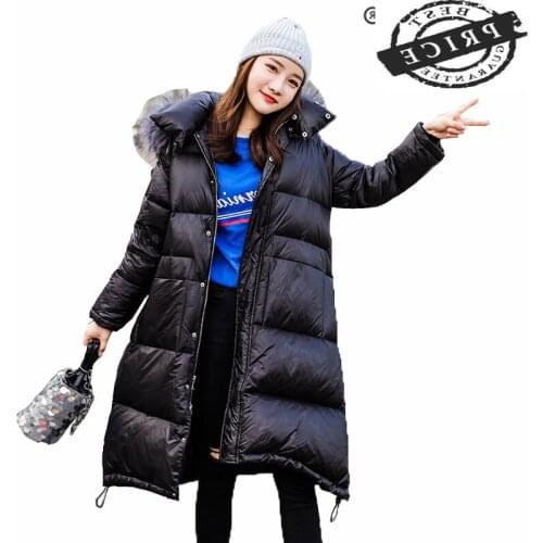 Down Jacket Winter Women Thick Warm White Duck Down Coat Famale Raccoon Fur Hooded Clothes Long Casual Outwear Hiver 666a